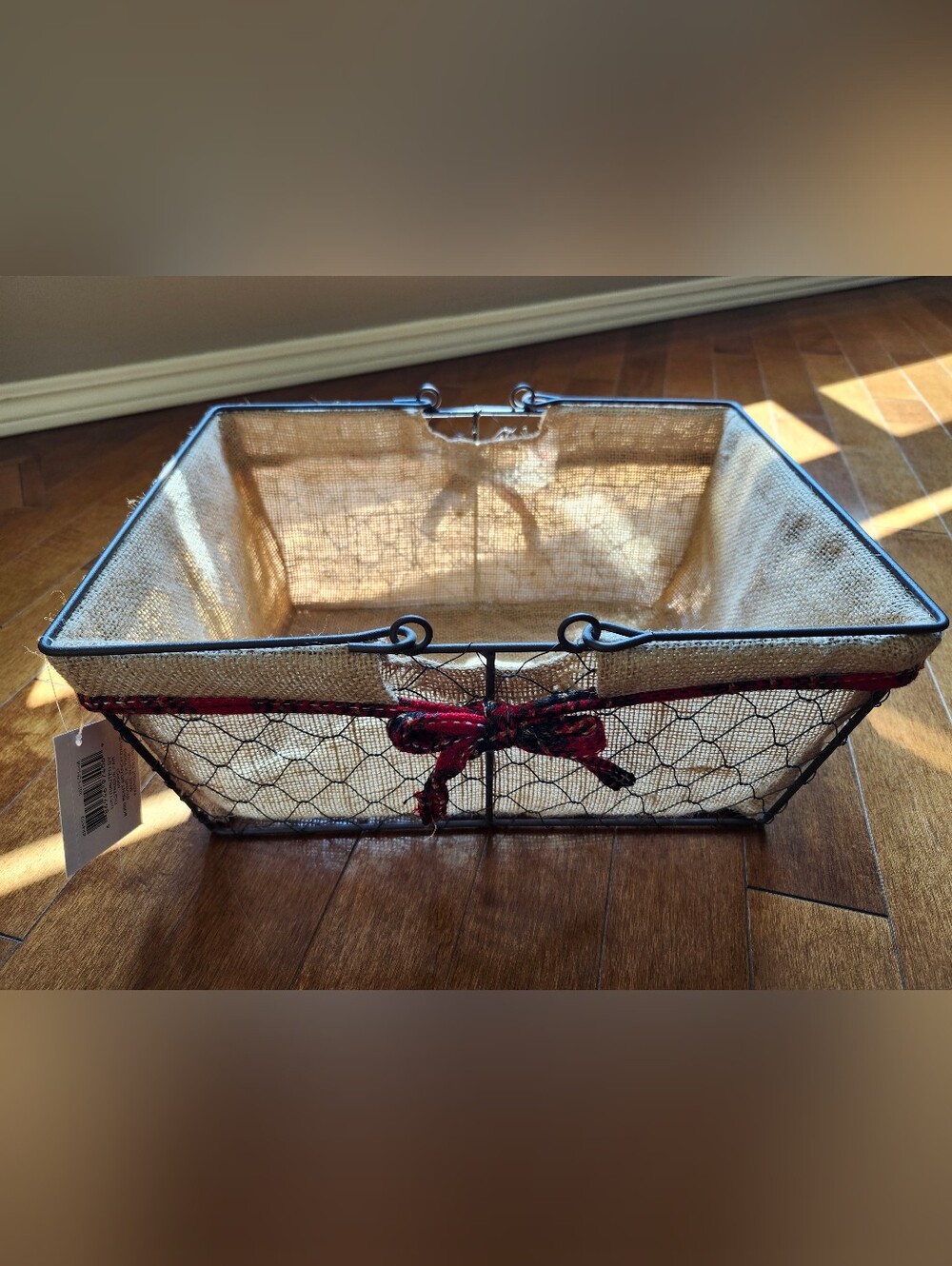CELEBRATE IT Beige Burlap & Black Wire Basket with Red Ribbon Accent 13" x 9"